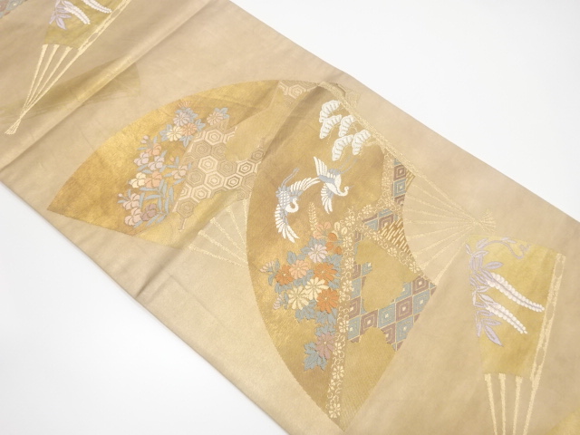 扇に双鶴・草花模様織り出し袋帯